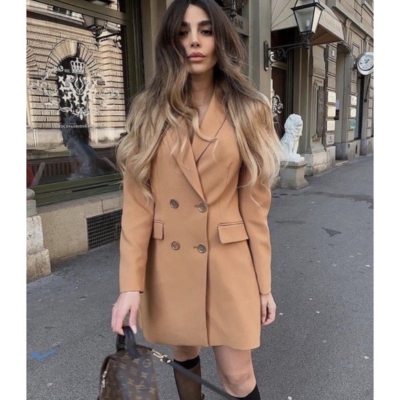 Zara M Double Breasted Blazer Jacket Long Camel Tan Gold Blogger Fave Old Money - Picture 2 of 10
